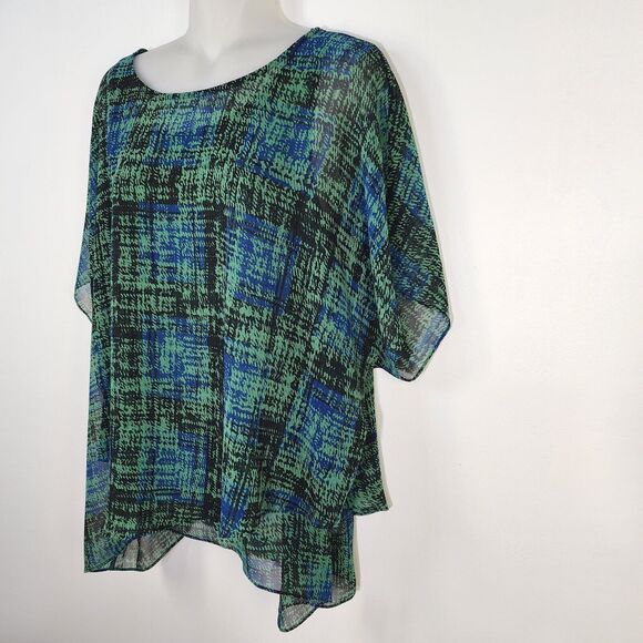 CABI Women's Top Medium Green Painted Plaid Paradox Layered Blouse Style 3770 - Picture 4 of 13